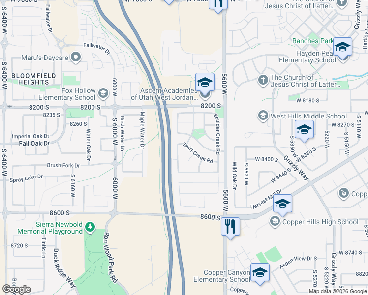 map of restaurants, bars, coffee shops, grocery stores, and more near 5729 Swift Creek Road in West Jordan