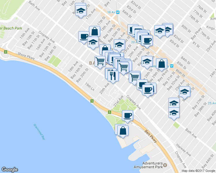 map of restaurants, bars, coffee shops, grocery stores, and more near 8831 20th Avenue in Brooklyn