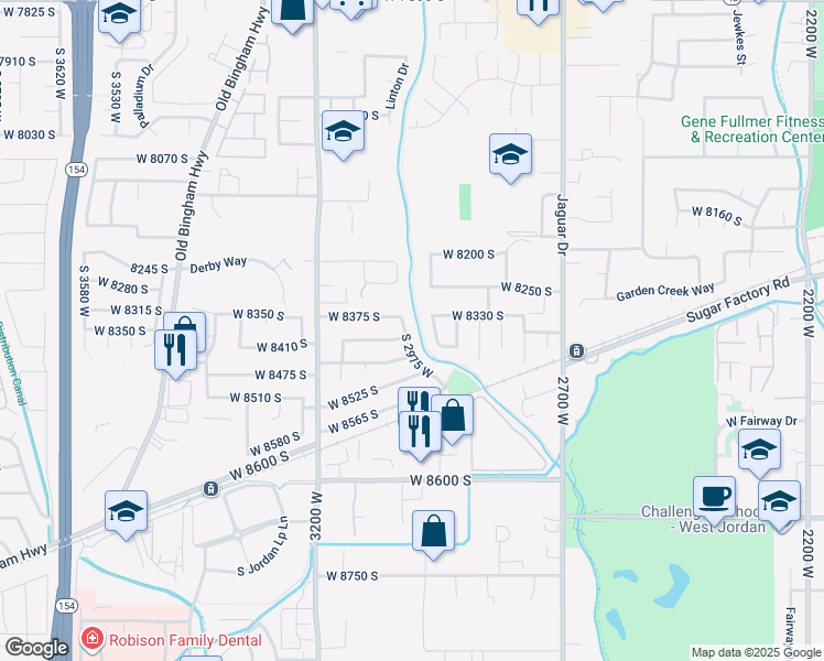 map of restaurants, bars, coffee shops, grocery stores, and more near 8407 Meadow Green Way in West Jordan