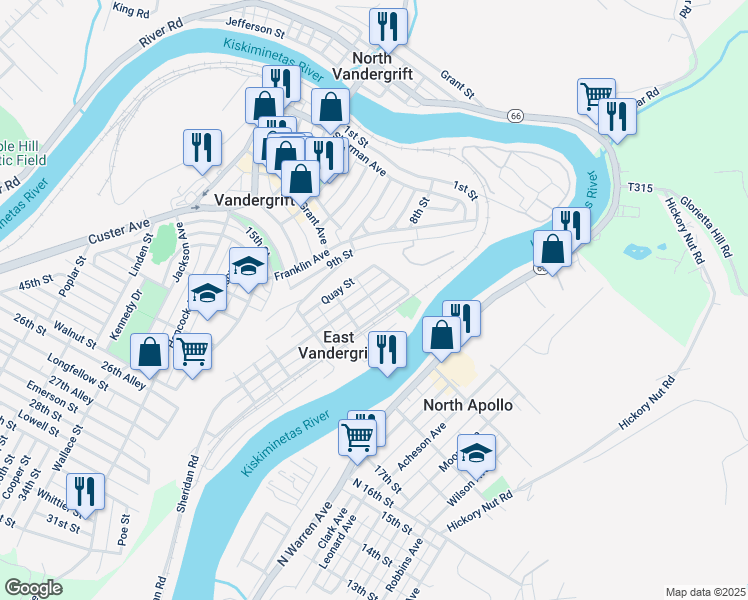 map of restaurants, bars, coffee shops, grocery stores, and more near in East Vandergrift