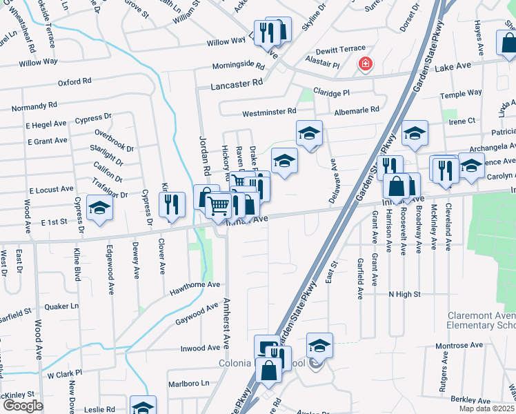 map of restaurants, bars, coffee shops, grocery stores, and more near 498 Inman Avenue in Woodbridge Township