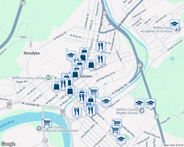 map of restaurants, bars, coffee shops, grocery stores, and more near 10 Depot Street in Lewistown