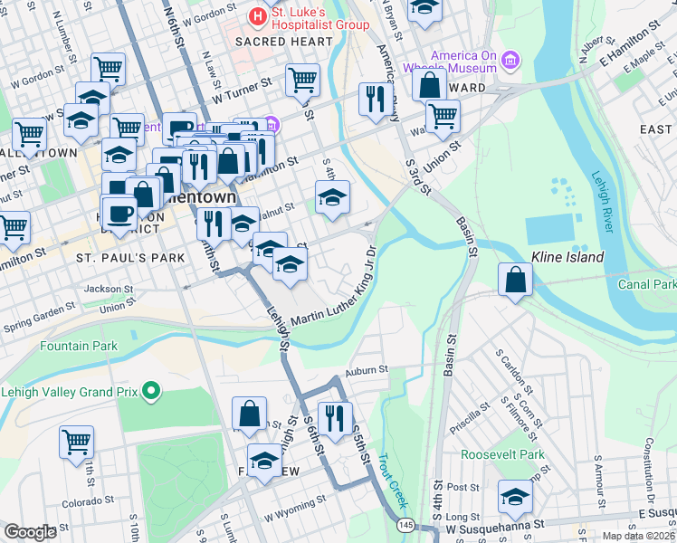 map of restaurants, bars, coffee shops, grocery stores, and more near 264a South Levan Street in Allentown