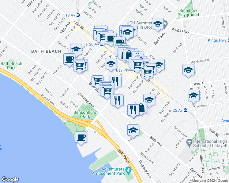 map of restaurants, bars, coffee shops, grocery stores, and more near 8722 Bay Parkway in Brooklyn