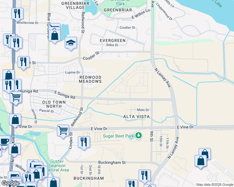 map of restaurants, bars, coffee shops, grocery stores, and more near 845 Birdwhistle Lane in Fort Collins