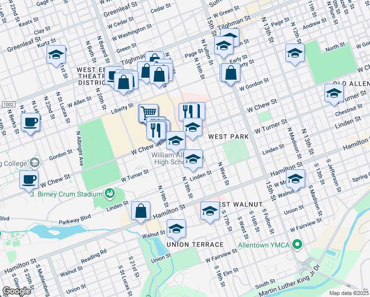 map of restaurants, bars, coffee shops, grocery stores, and more near 218 North Saint Cloud Street in Allentown