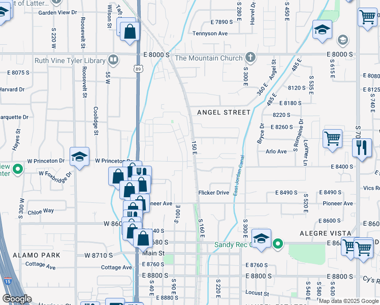 map of restaurants, bars, coffee shops, grocery stores, and more near 8300 150 East in Sandy
