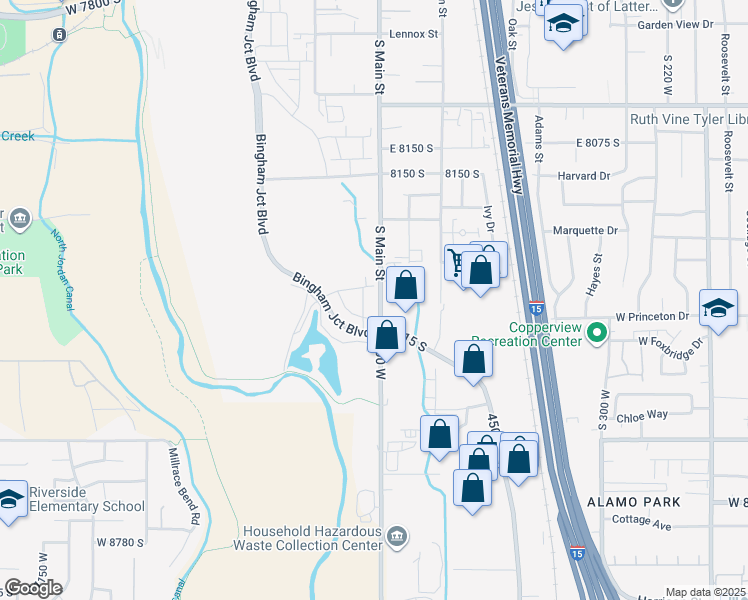 map of restaurants, bars, coffee shops, grocery stores, and more near 8395 South Main Street in Midvale