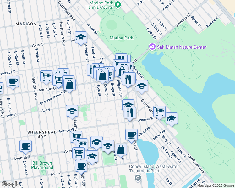 map of restaurants, bars, coffee shops, grocery stores, and more near 2212 Brigham Street in Brooklyn