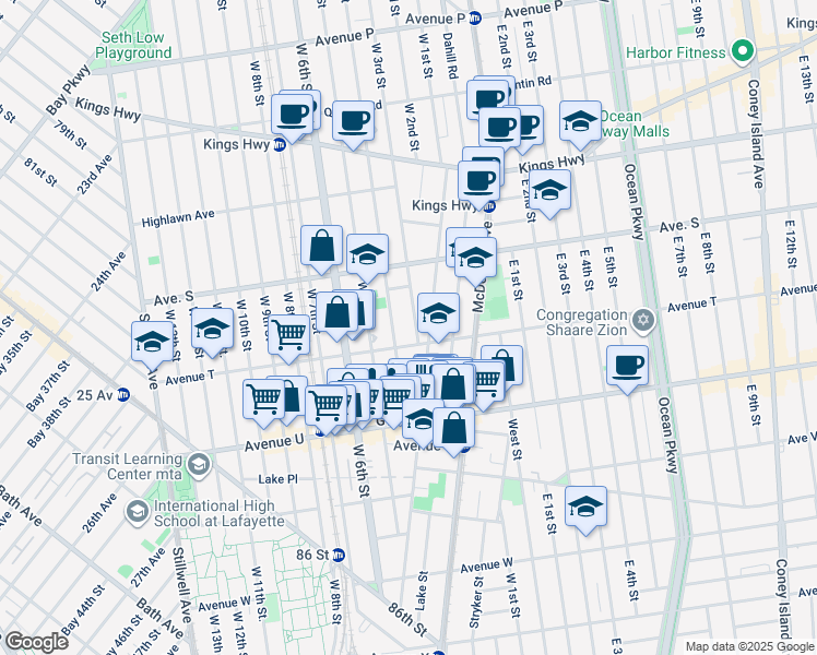 map of restaurants, bars, coffee shops, grocery stores, and more near 332 Avenue T in Brooklyn