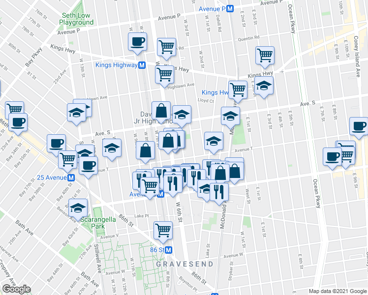 map of restaurants, bars, coffee shops, grocery stores, and more near 1988 West 5th Street in Brooklyn