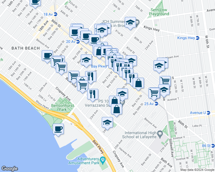 map of restaurants, bars, coffee shops, grocery stores, and more near 2260 Benson Avenue in Brooklyn