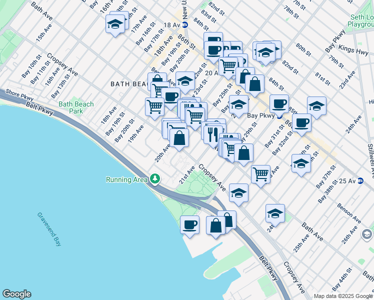 map of restaurants, bars, coffee shops, grocery stores, and more near 8818 21st Avenue in Brooklyn