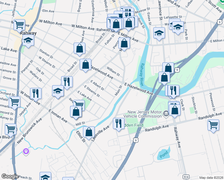 map of restaurants, bars, coffee shops, grocery stores, and more near 343 East Albert Street in Rahway