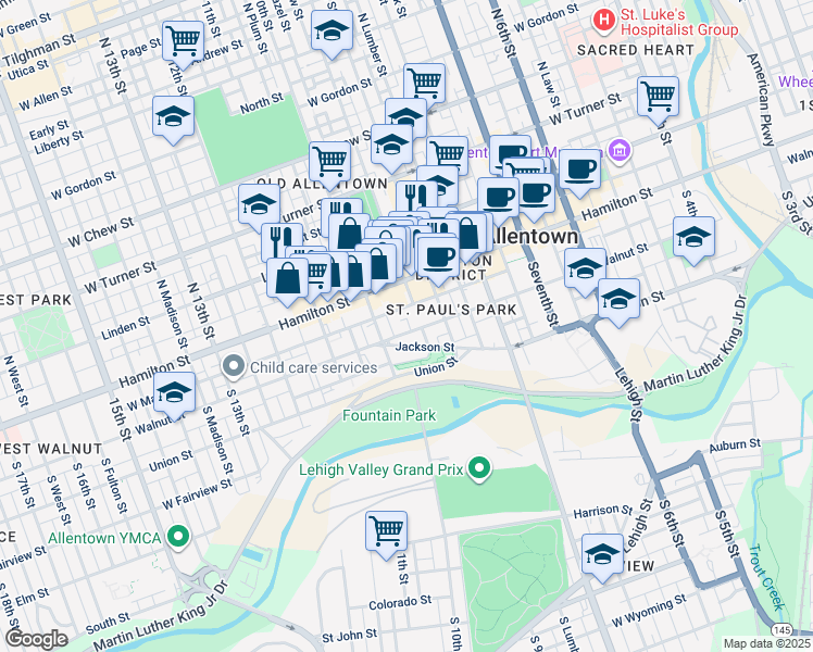 map of restaurants, bars, coffee shops, grocery stores, and more near 968 Jackson Street in Allentown