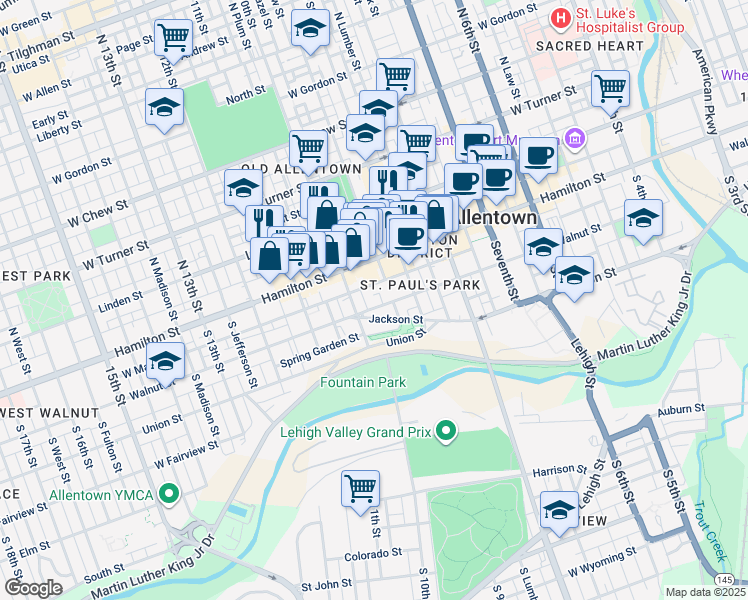 map of restaurants, bars, coffee shops, grocery stores, and more near 968 Jackson Street in Allentown