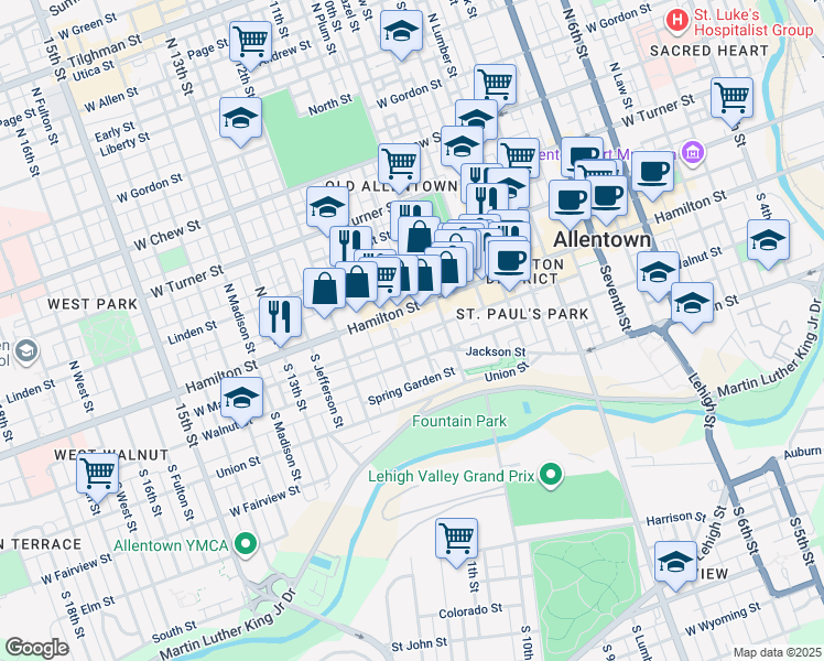map of restaurants, bars, coffee shops, grocery stores, and more near 1029 Walnut Street in Allentown
