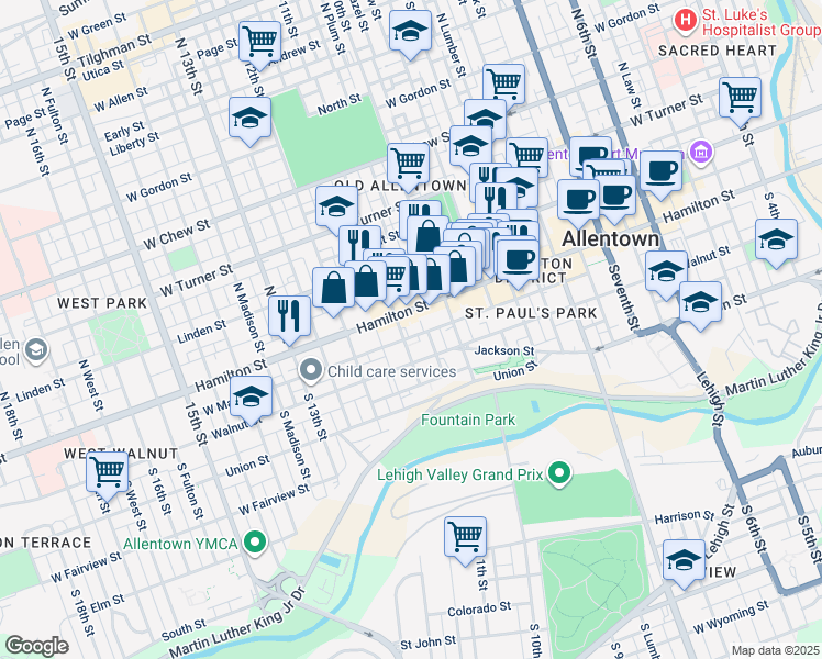 map of restaurants, bars, coffee shops, grocery stores, and more near 1029 Walnut Street in Allentown