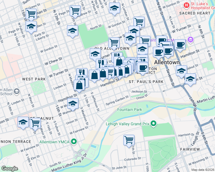 map of restaurants, bars, coffee shops, grocery stores, and more near 1116 West Maple Street in Allentown