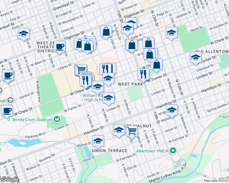 map of restaurants, bars, coffee shops, grocery stores, and more near 1650 West Turner Street in Allentown