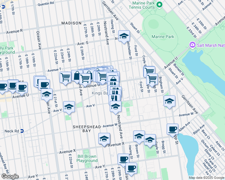 map of restaurants, bars, coffee shops, grocery stores, and more near 2153 East 29th Street in Brooklyn