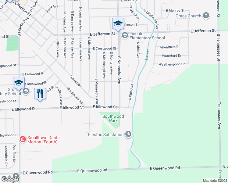 map of restaurants, bars, coffee shops, grocery stores, and more near 441 South Montana Avenue in Morton