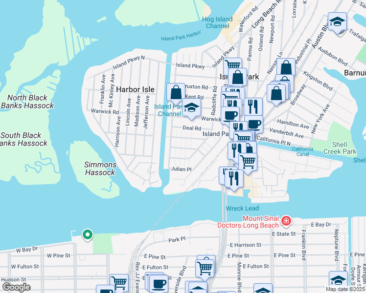 map of restaurants, bars, coffee shops, grocery stores, and more near 28 Radcliffe Road in Island Park