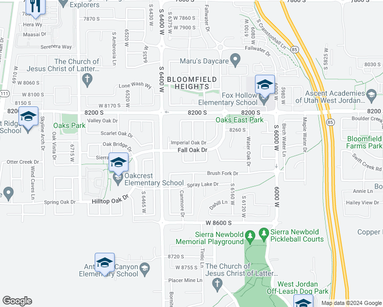 map of restaurants, bars, coffee shops, grocery stores, and more near 8354 Oak Run Drive in West Jordan