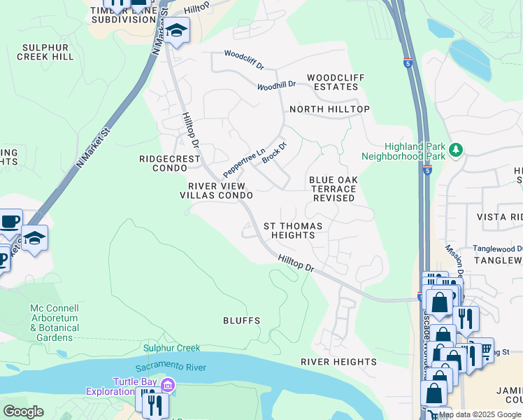 map of restaurants, bars, coffee shops, grocery stores, and more near 451 Hilltop Drive in Redding