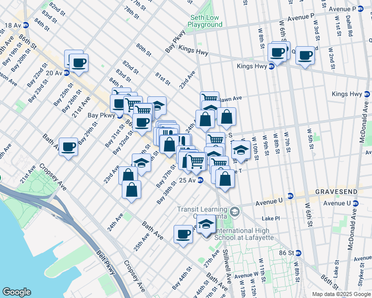 map of restaurants, bars, coffee shops, grocery stores, and more near 2425 85th Street in Brooklyn
