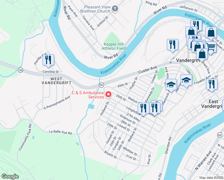 map of restaurants, bars, coffee shops, grocery stores, and more near 514 Longfellow Street in Vandergrift