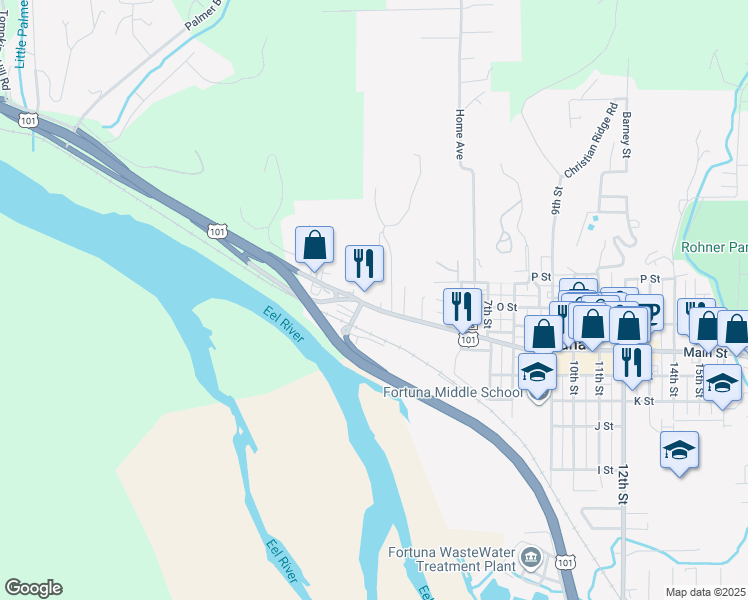 map of restaurants, bars, coffee shops, grocery stores, and more near 348 Main Street in Fortuna