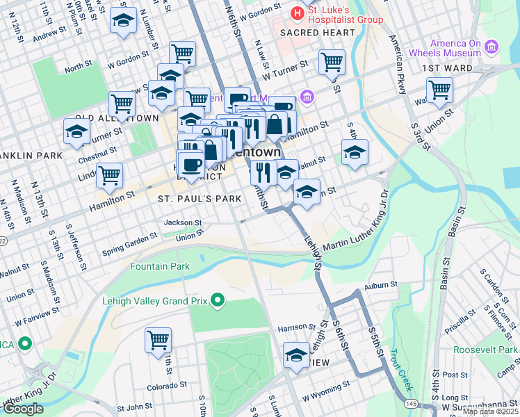 map of restaurants, bars, coffee shops, grocery stores, and more near 138 South 7th Street in Allentown