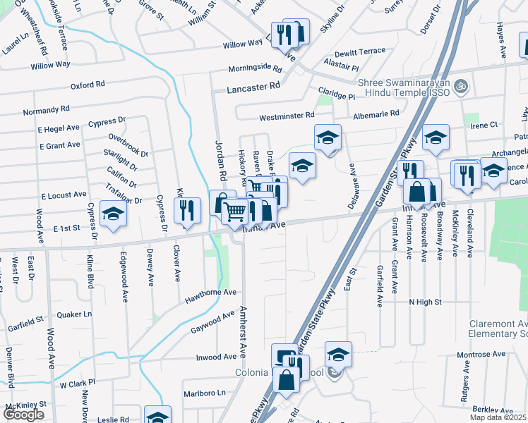 map of restaurants, bars, coffee shops, grocery stores, and more near 464 Inman Avenue in Woodbridge Township