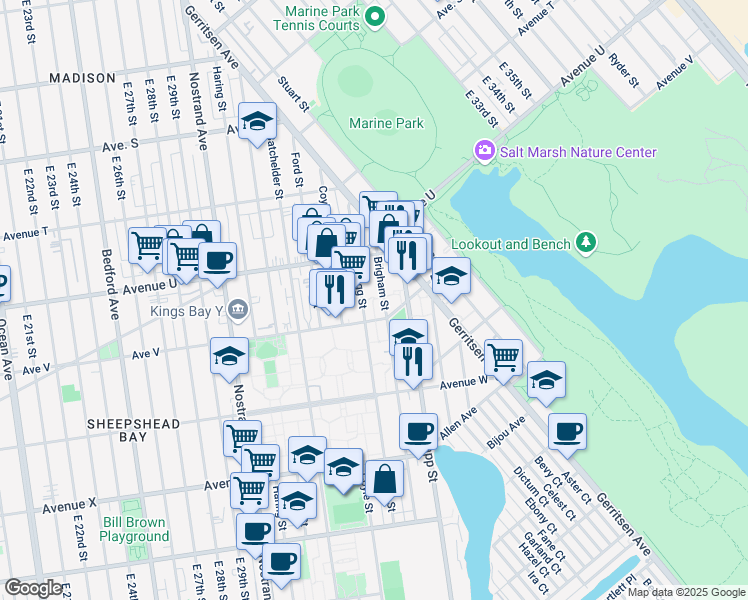 map of restaurants, bars, coffee shops, grocery stores, and more near 2190 Brigham Street in Brooklyn