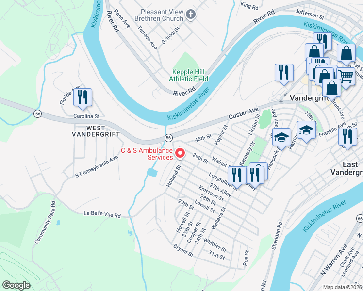 map of restaurants, bars, coffee shops, grocery stores, and more near 617 Oak Street in Vandergrift