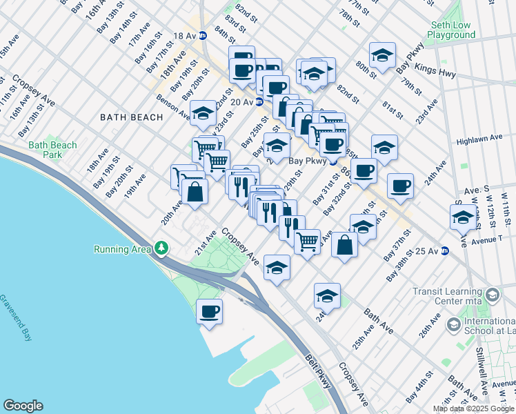 map of restaurants, bars, coffee shops, grocery stores, and more near 155 Bay 28th Street in Brooklyn