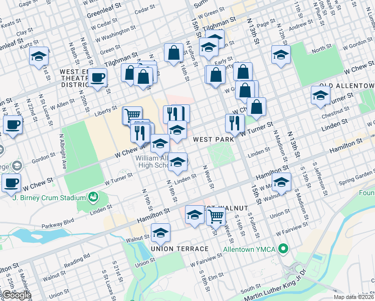map of restaurants, bars, coffee shops, grocery stores, and more near 1650 West Turner Street in Allentown