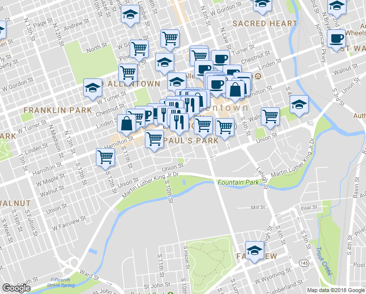 map of restaurants, bars, coffee shops, grocery stores, and more near 844 West Walnut Street in Allentown