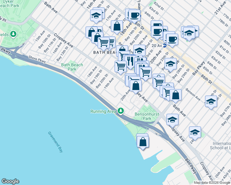 map of restaurants, bars, coffee shops, grocery stores, and more near 1948 20th Drive in Brooklyn