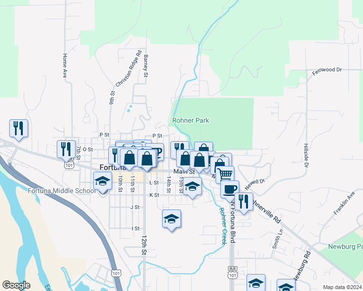 map of restaurants, bars, coffee shops, grocery stores, and more near 869 15th Street in Fortuna