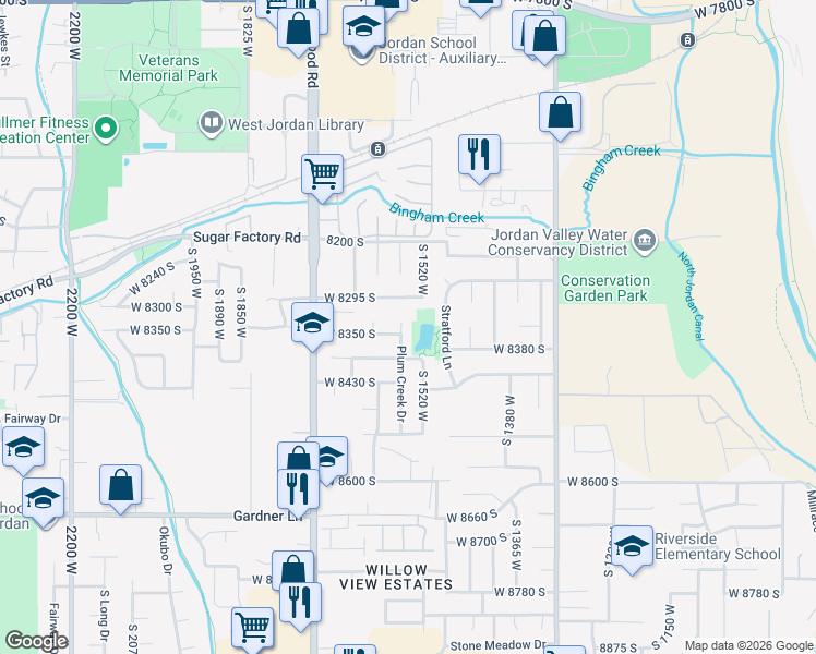 map of restaurants, bars, coffee shops, grocery stores, and more near 8371 Plum Creek Drive in West Jordan