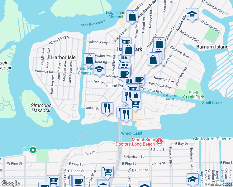 map of restaurants, bars, coffee shops, grocery stores, and more near 103 Quebec Road in Island Park