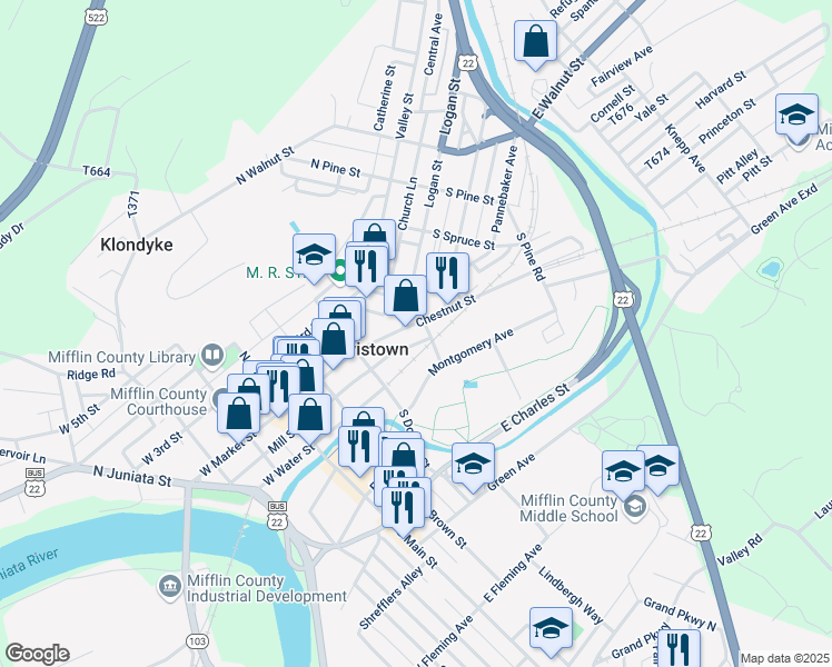 map of restaurants, bars, coffee shops, grocery stores, and more near 58 Chestnut Street in Lewistown