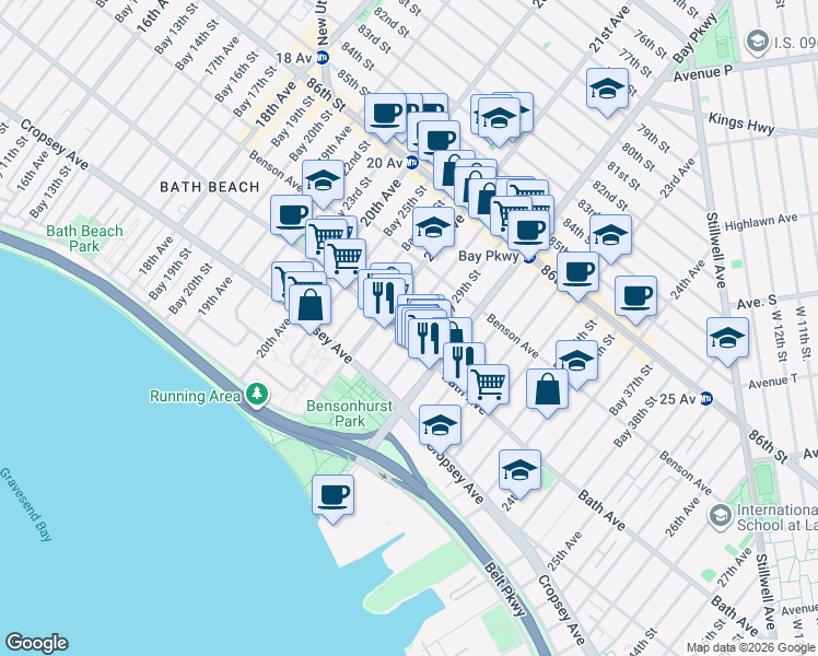 map of restaurants, bars, coffee shops, grocery stores, and more near 2149 Bath Avenue in Brooklyn