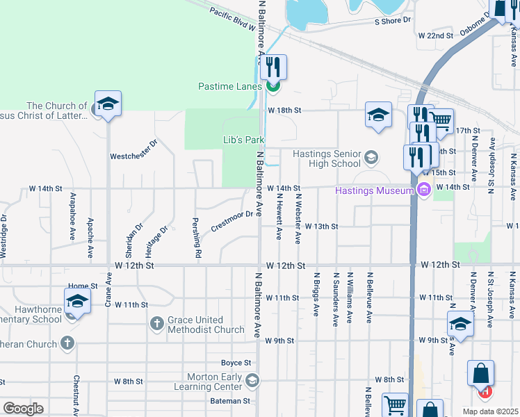 map of restaurants, bars, coffee shops, grocery stores, and more near 1346 North Baltimore Avenue in Hastings