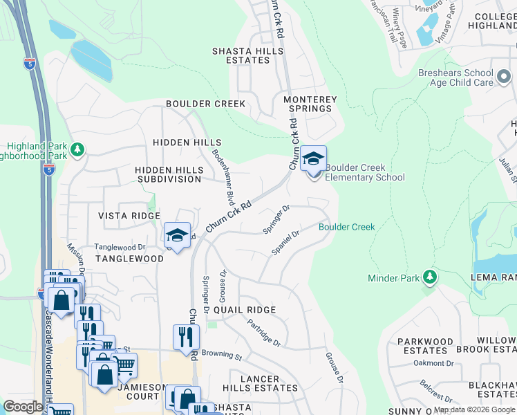map of restaurants, bars, coffee shops, grocery stores, and more near 1133 Cobble Creek Court in Redding