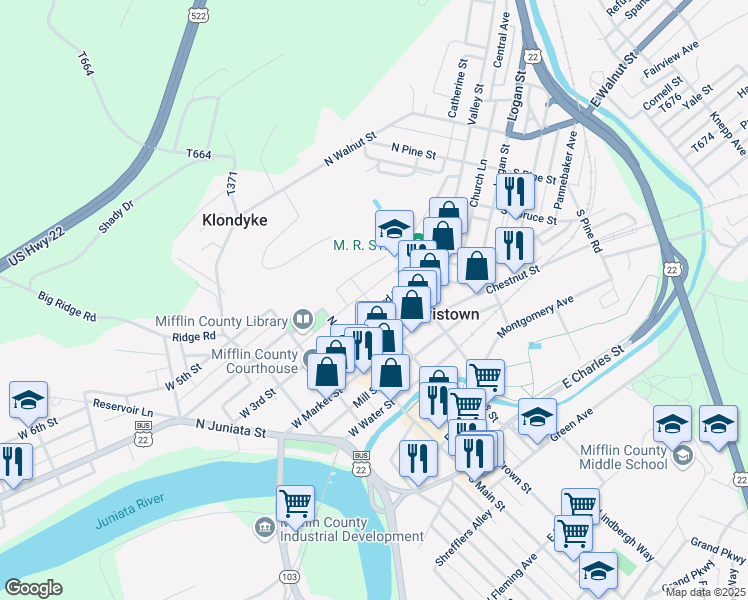 map of restaurants, bars, coffee shops, grocery stores, and more near 101 East 3rd Street in Lewistown