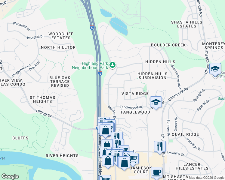 map of restaurants, bars, coffee shops, grocery stores, and more near 641 Buckthorn Drive in Redding