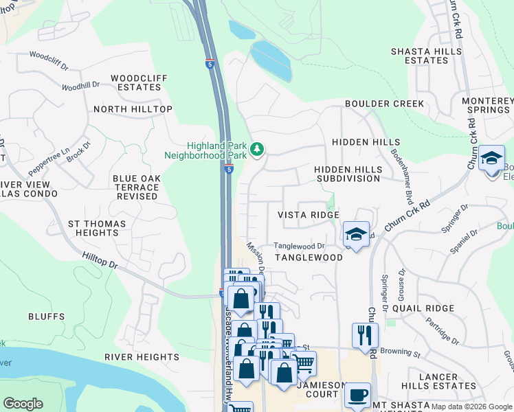map of restaurants, bars, coffee shops, grocery stores, and more near 641 Buckthorn Drive in Redding